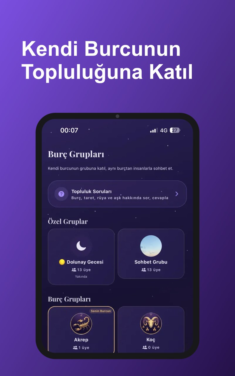MYSTRIS burç grupları ekranı - kendi burcunun topluluğuna katıl